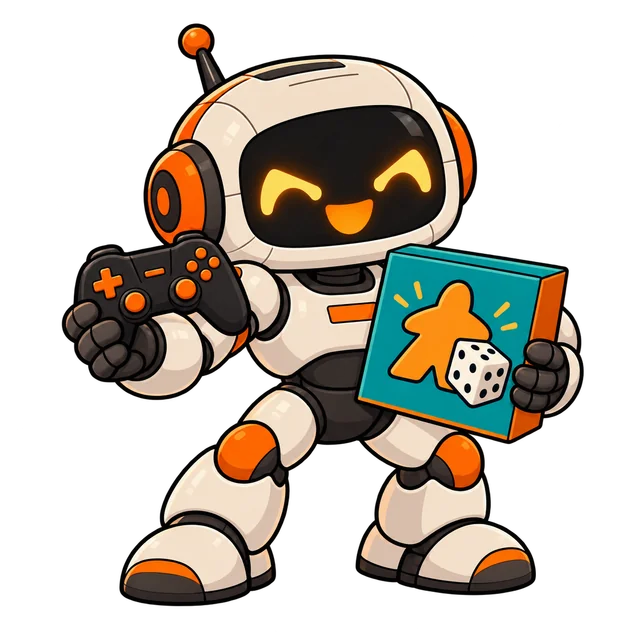 Maskotka Konsole i Gry — robot z padem i pudełkiem planszówki