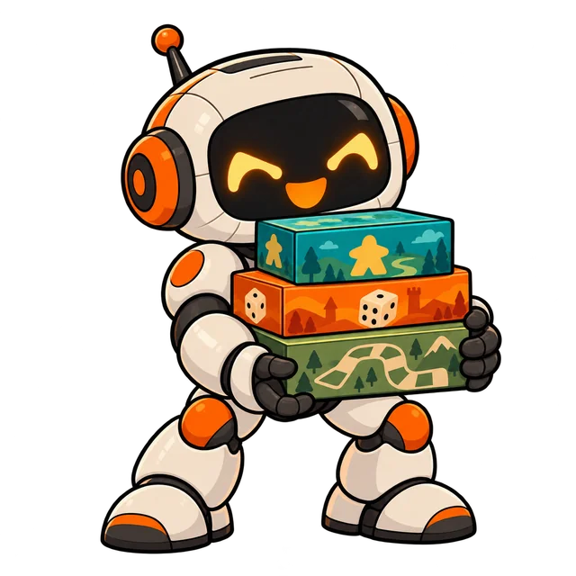 Maskotka Konsole i Gry — robot ze stosem planszówek