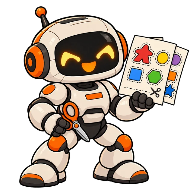 Maskotka Konsole i Gry — robot z kartkami do wycięcia