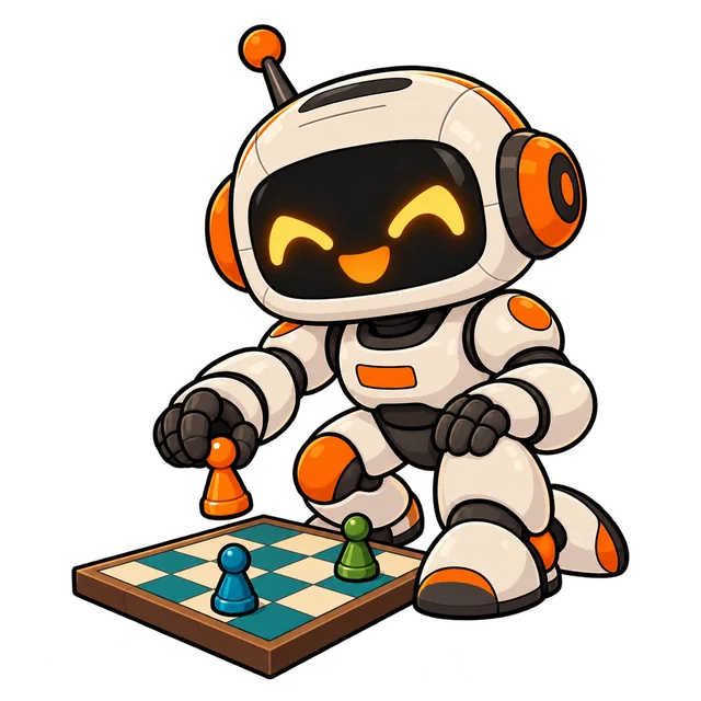 Maskotka Konsole i Gry — robot z pionkiem przy planszy