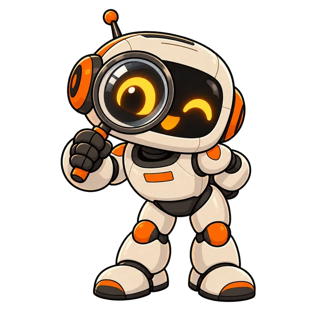 Maskotka Konsole i Gry — robot z lupą