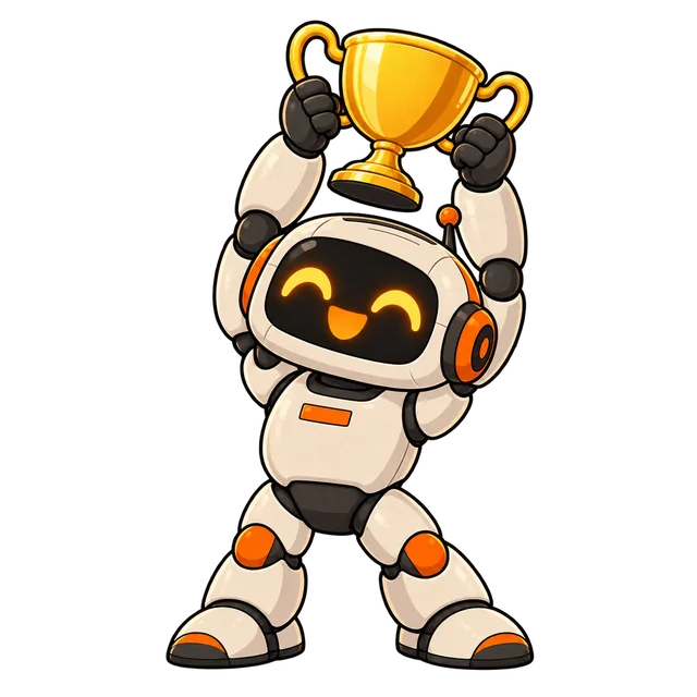 Maskotka Konsole i Gry — robot z pucharem
