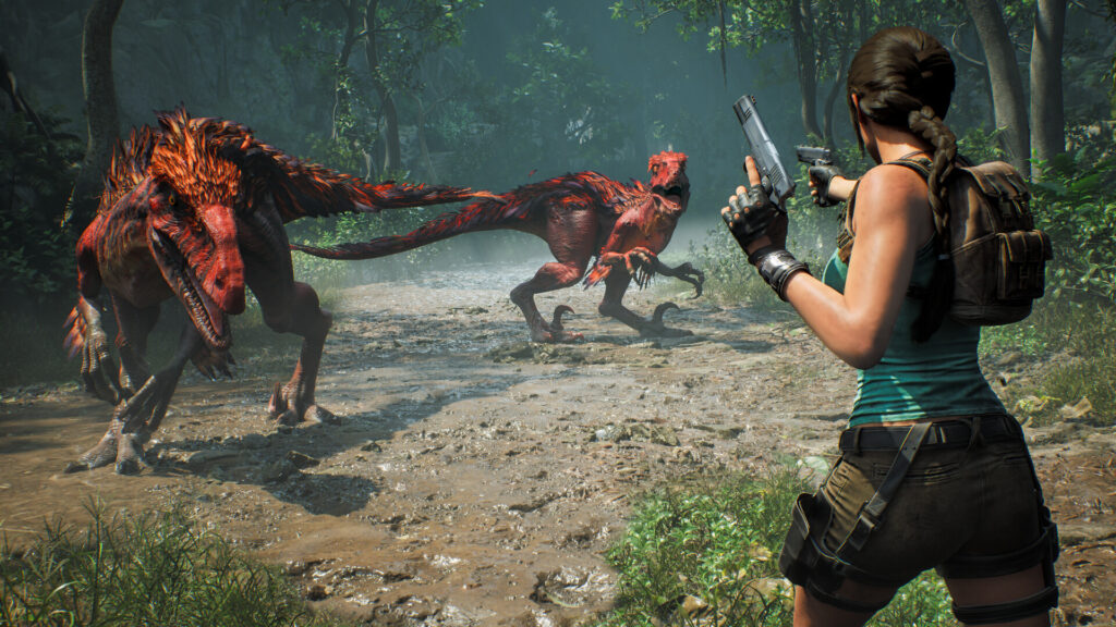 Lara Croft z pistoletami naprzeciw dwóch raptorów w dżungli