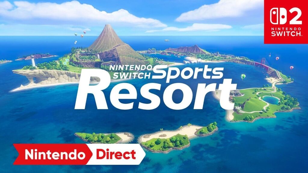 Wuhu Island z lotu ptaka i logo Nintendo Switch Sports Resort