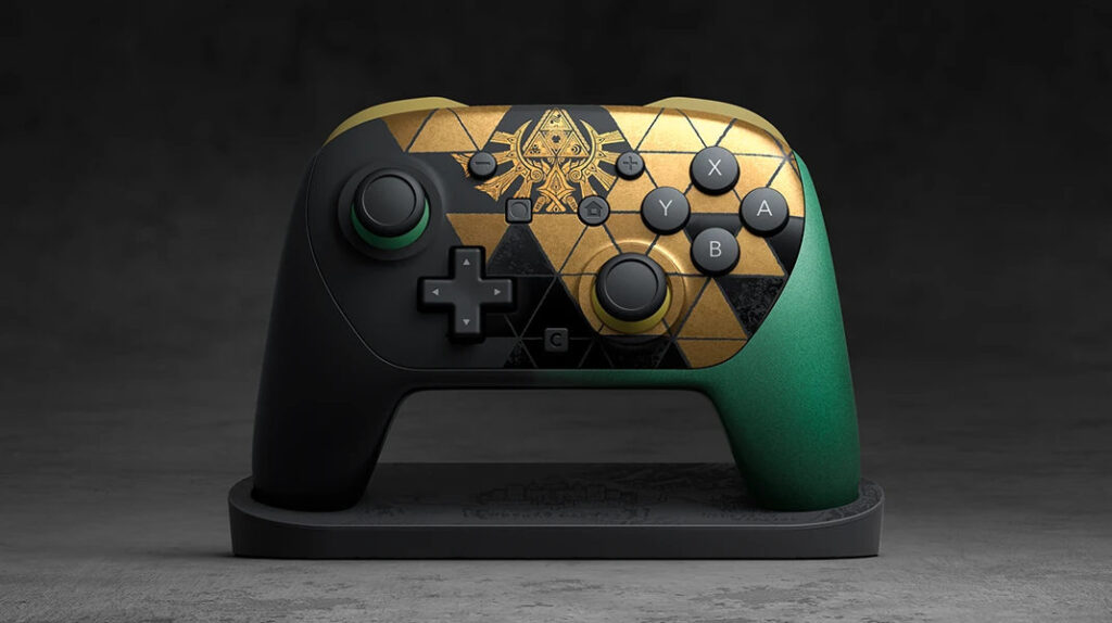 Pro Controller do Switcha 2 w edycji Zelda: czarno-złoto-zielony pad na stojaku